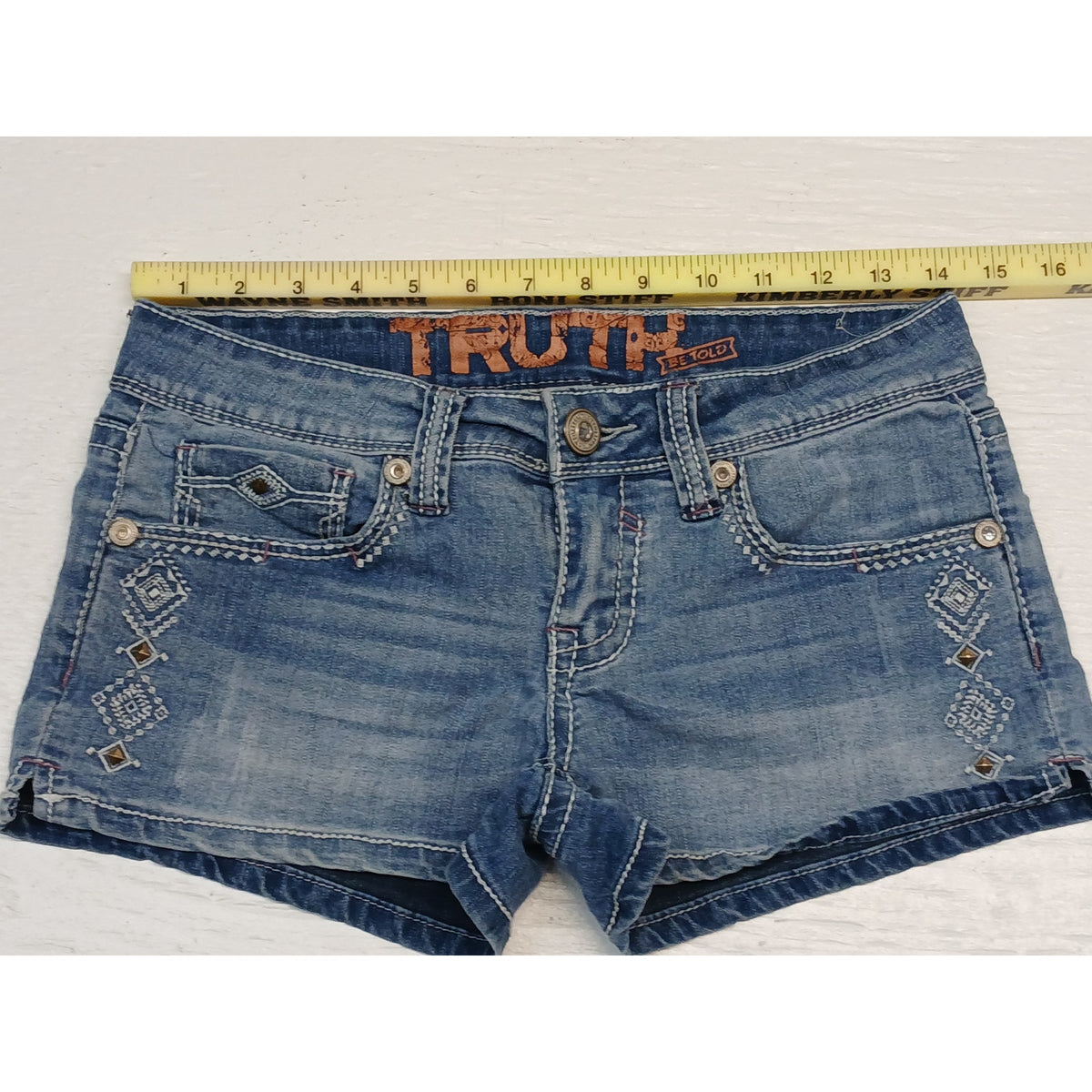 Truth Be Told (7) Honest Low Rise Blue Denim Chino Shorts