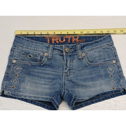 Truth Be Told (7) Honest Low Rise Blue Denim Chino Shorts