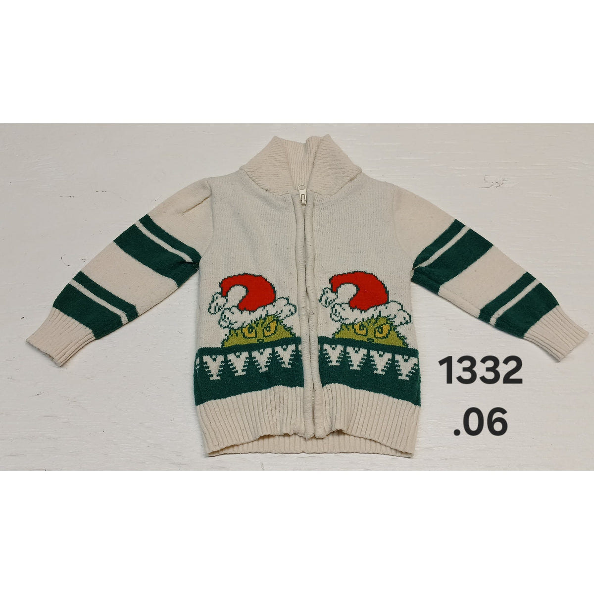 Grinch (2T) Cream High Neck Full Zip Knitted Holiday Jacket