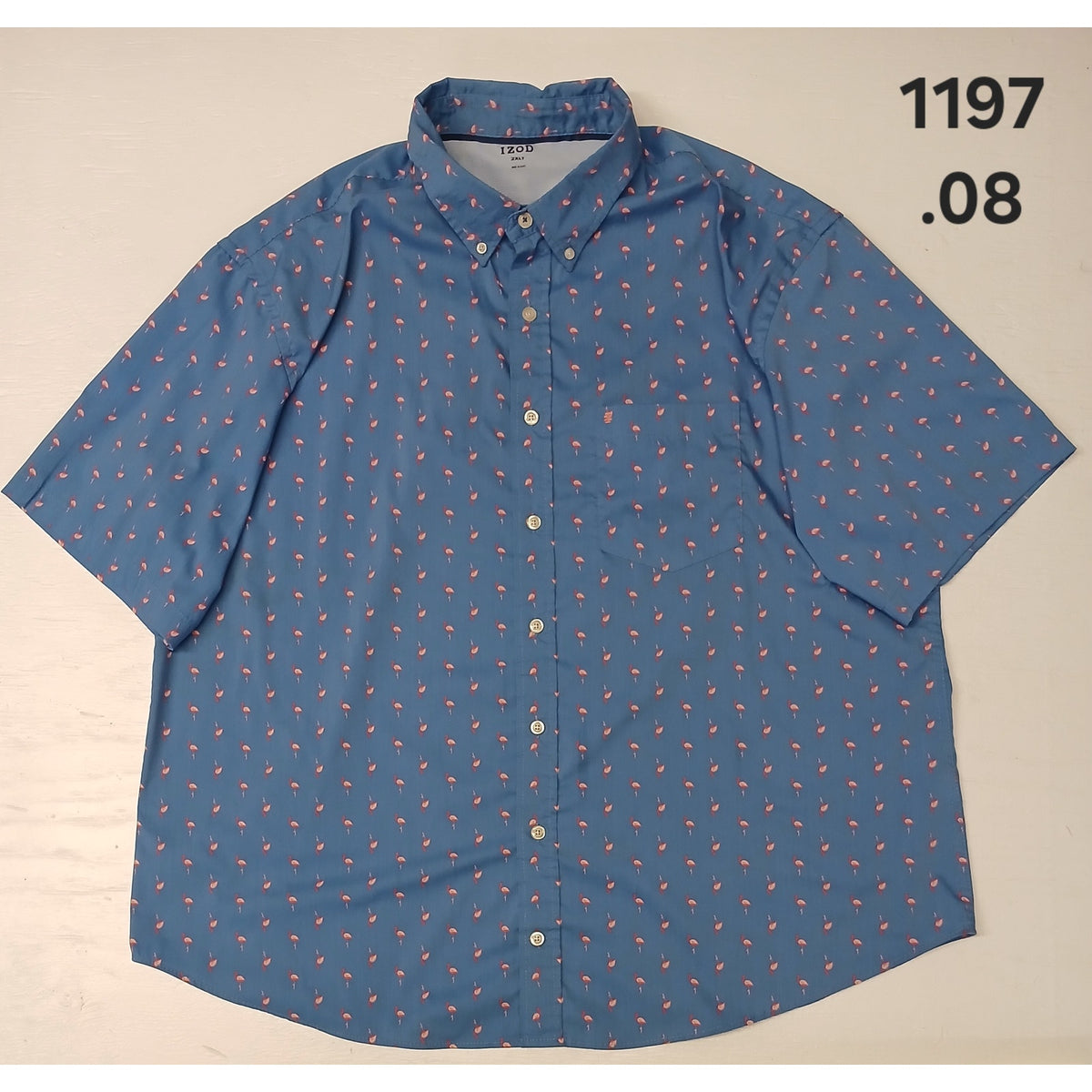 IZOD (2XLT) Blue Flamingo Printed Short Sleeve Button Shirt