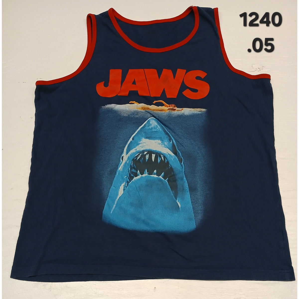 Jaws (L) Navy Blue Jaws Movie Print Sleeveless Tank Top Tee