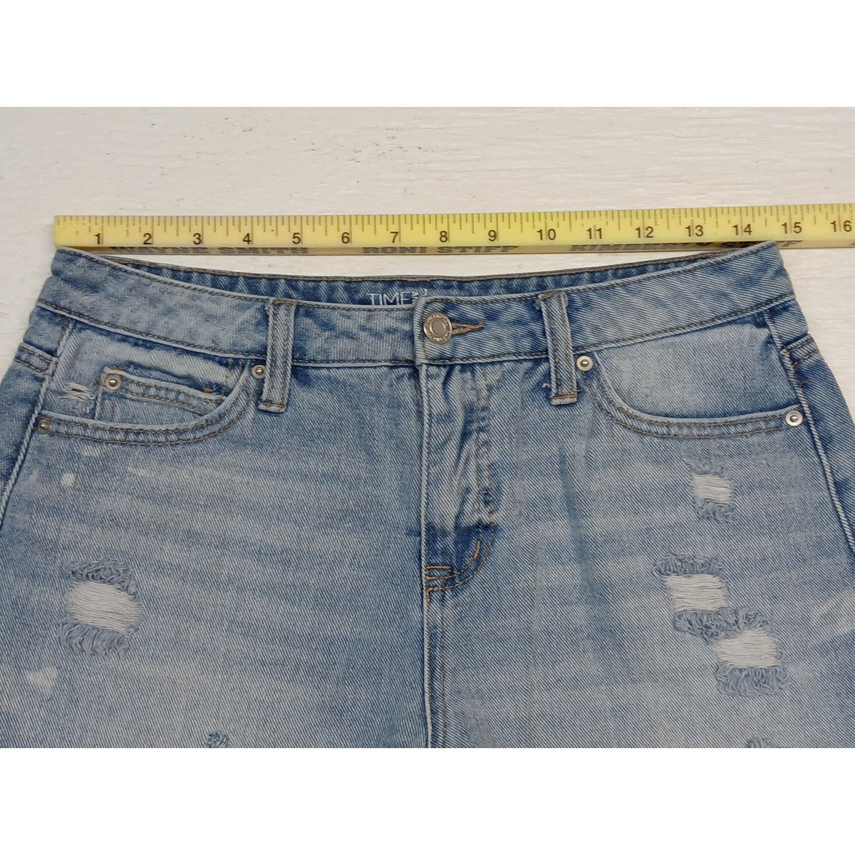 Time & Tru (6) High Rise Distressed Blue Denim Shorts