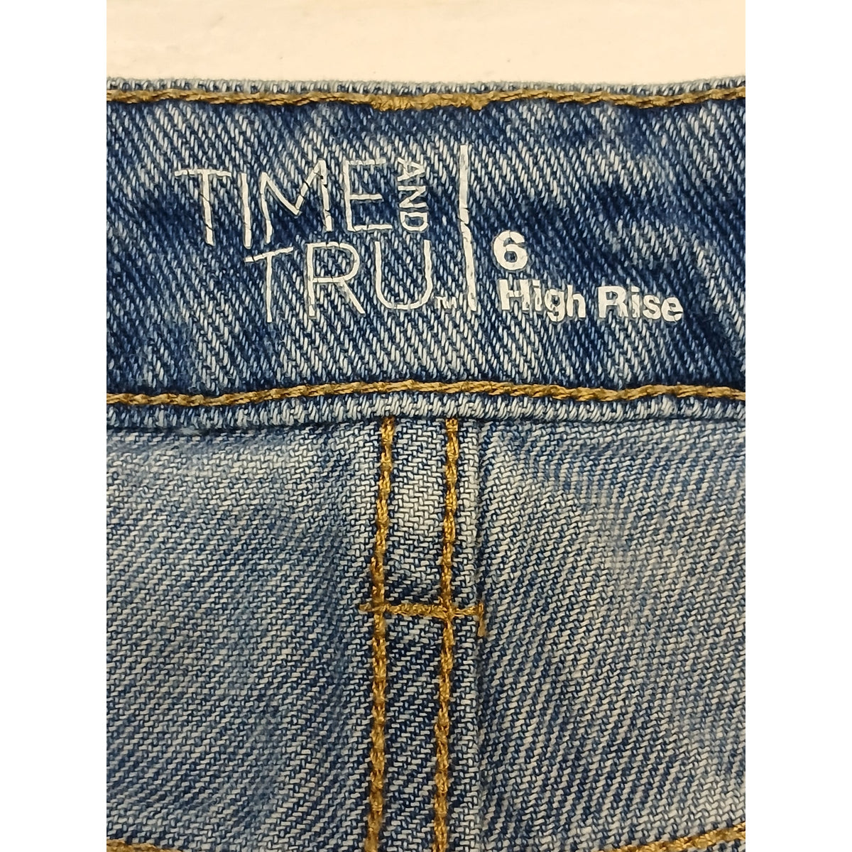 Time & Tru (6) High Rise Distressed Blue Denim Shorts