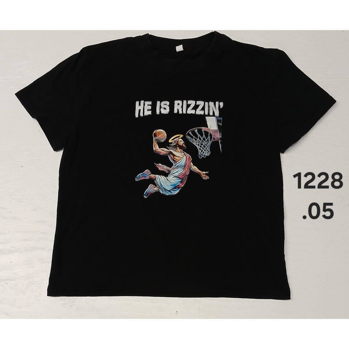 "He Is Rizzin " (XL) Black JESUS Basketball Crew Neck Tee