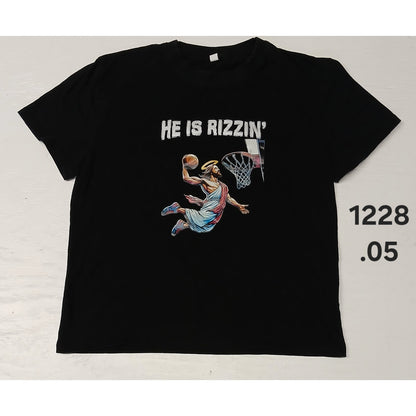 "He Is Rizzin " (XL) Black JESUS Basketball Crew Neck Tee